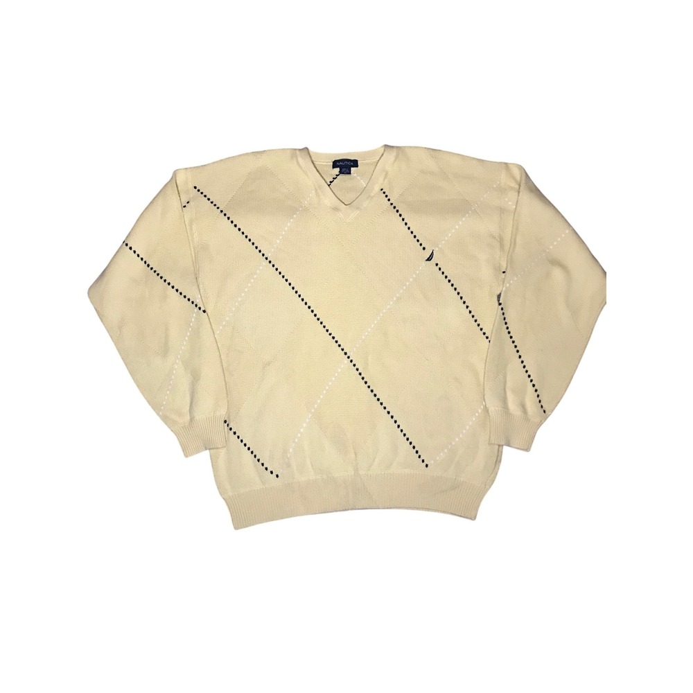 Nautica Mens Yellow Argyle V-Neck Sweater 100% Cotton Knit Preppy TG XL